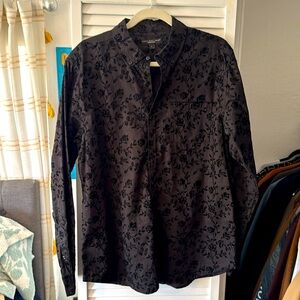 Black button down shirt with suede, rose Vine graphic detail